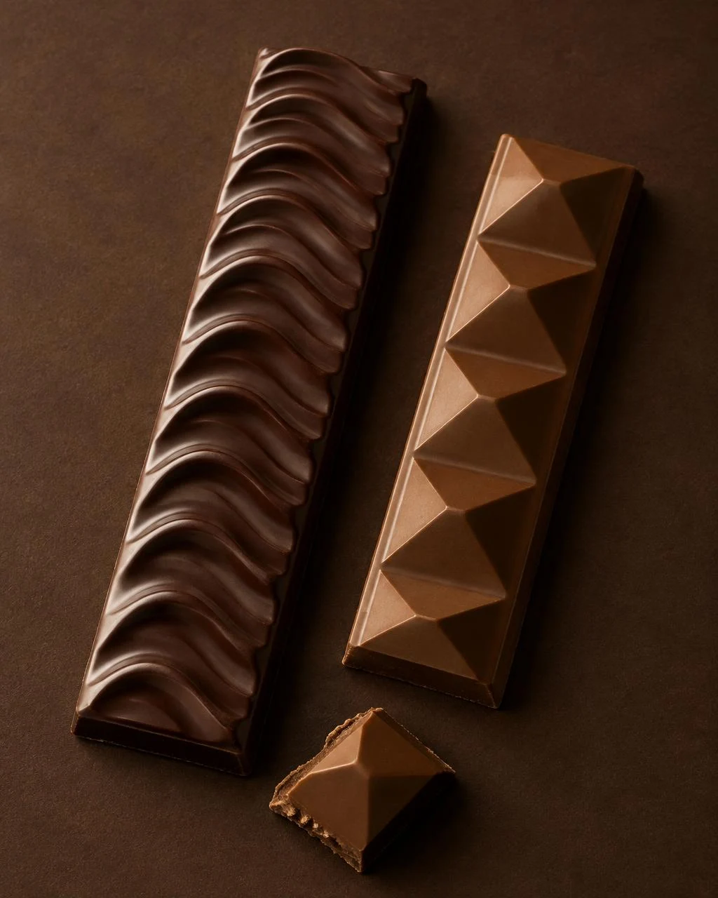 Chocolate bars with flowing wave and faceted geometric designs