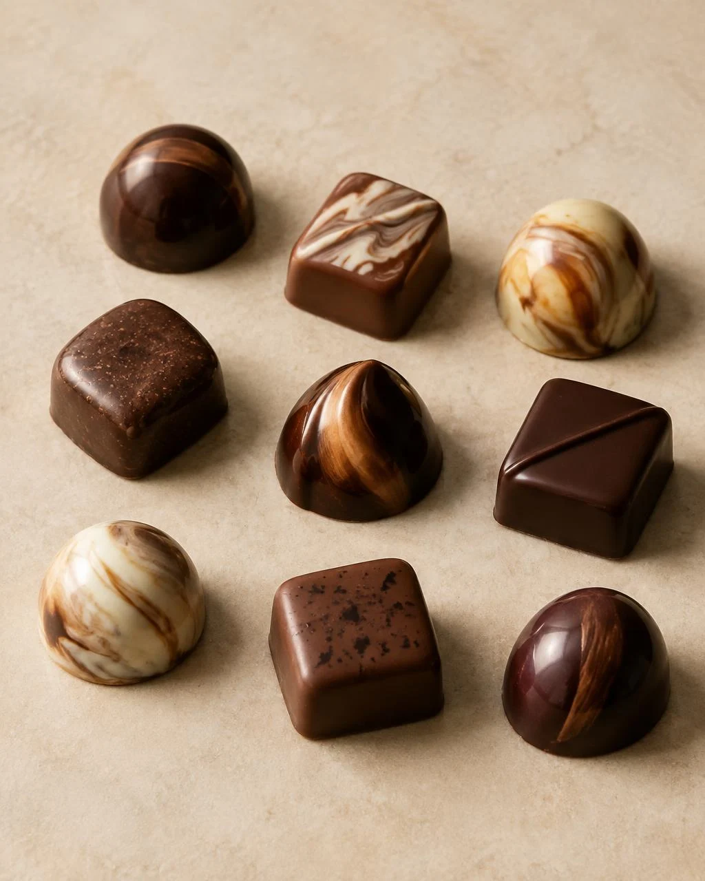 Assorted glossy and marbled chocolate bonbons on warm cream stone