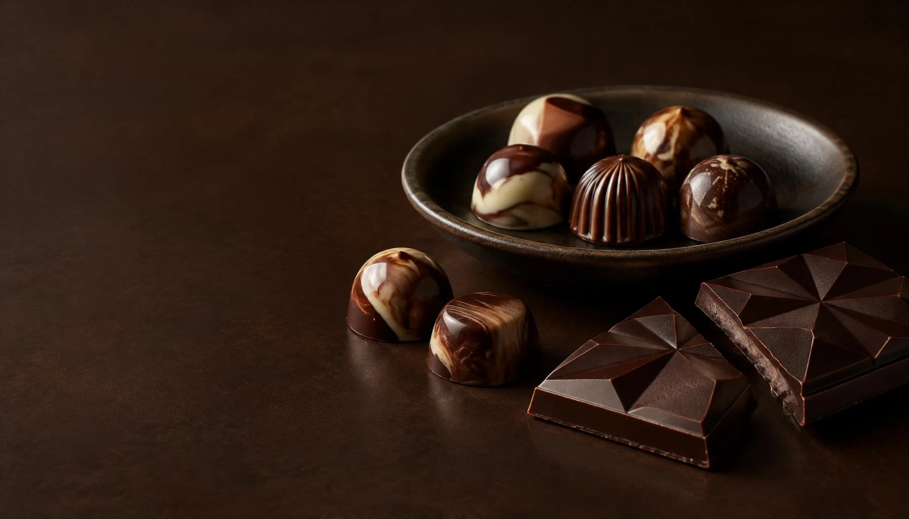 Marbled chocolate bonbons and geometric chocolate bars on a cocoa-coloured table