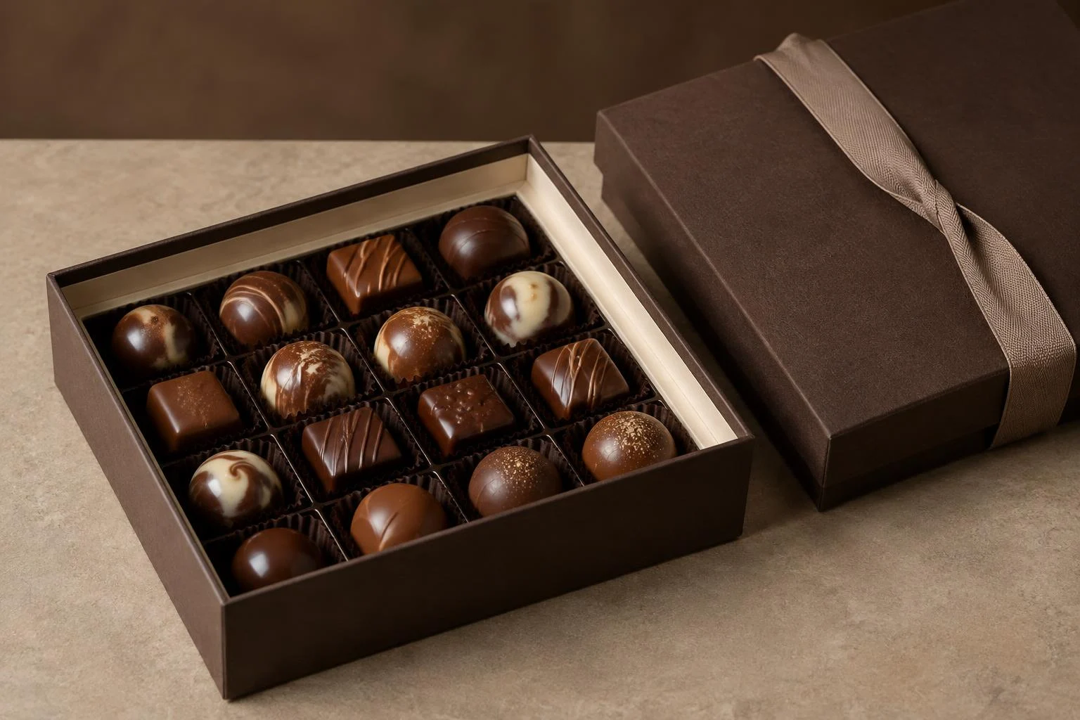 An open cocoa-brown chocolate gift box with assorted bonbons and a ribboned lid